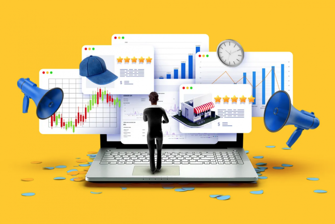 man looking at computer with tons of symbols