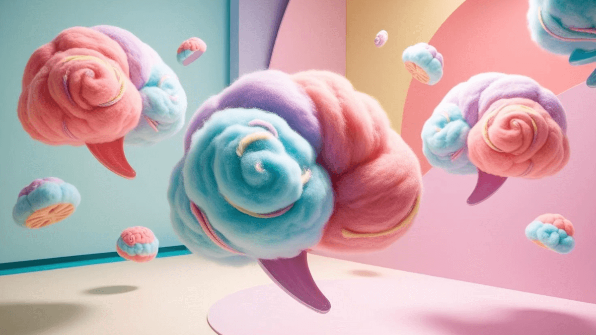 Swirling pastel speech bubbles that look a bit like brains flowing on a pastel background representing our own unique experiences and how sharing them helps us all reach new heights and makes life beautiful