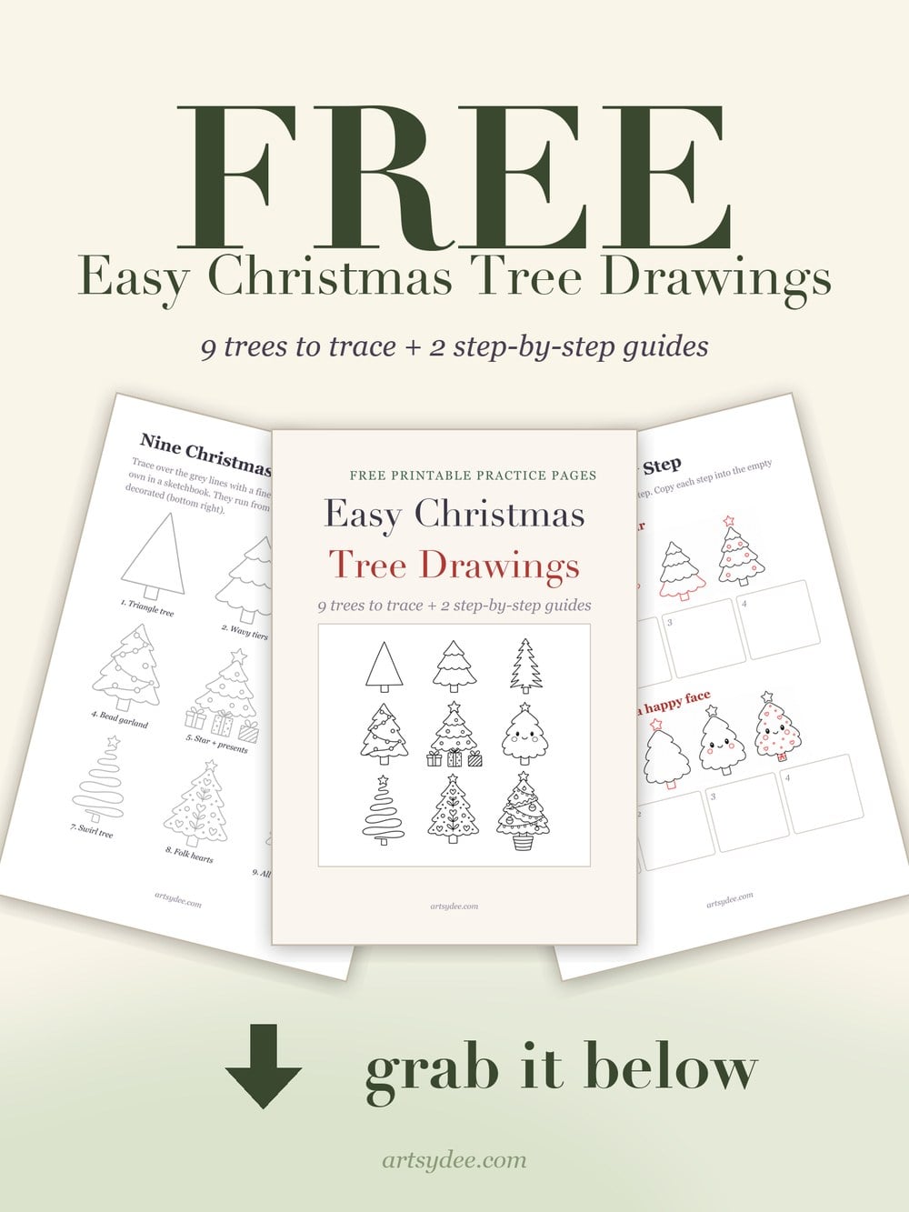 Free Christmas tree drawing templates: the cover, the page of nine trees to trace and the step-by-step page