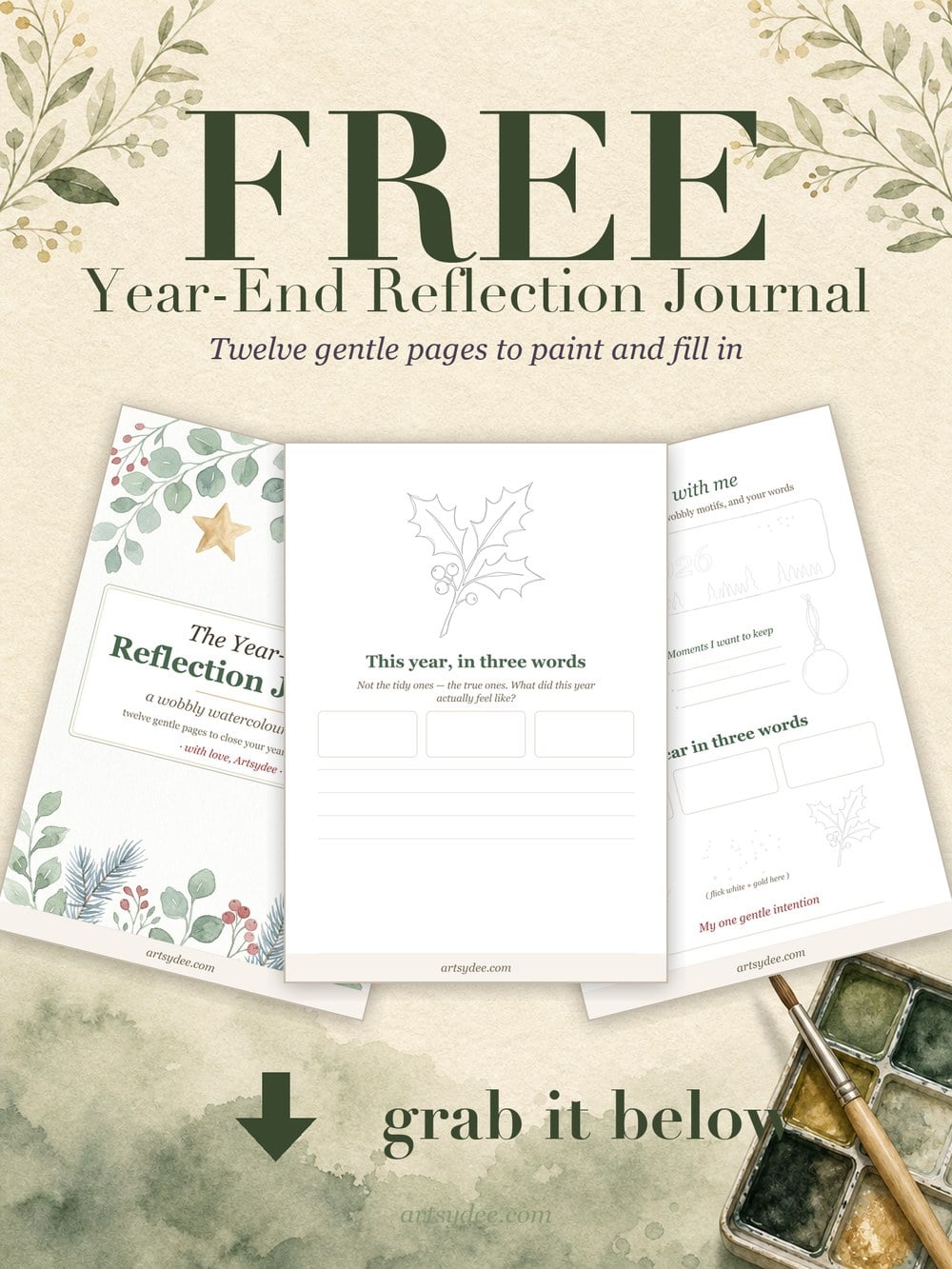 Free Year-End Reflection Journal: the cover, a three-words page and the paint-along page