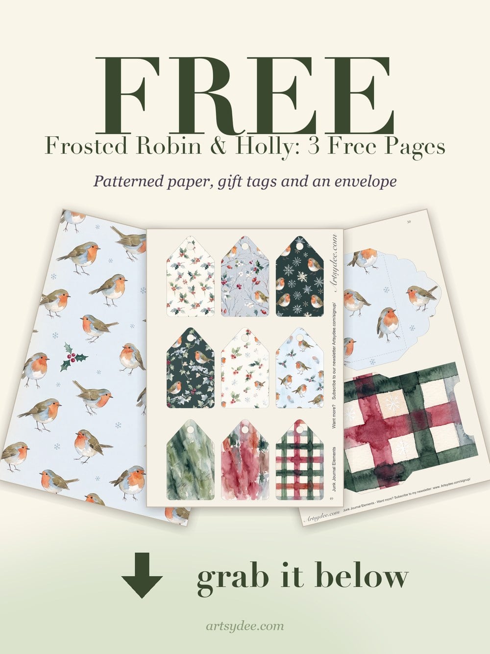 Free robin Christmas junk journal pages: a little-robins paper, nine gift tags and a fold-up envelope