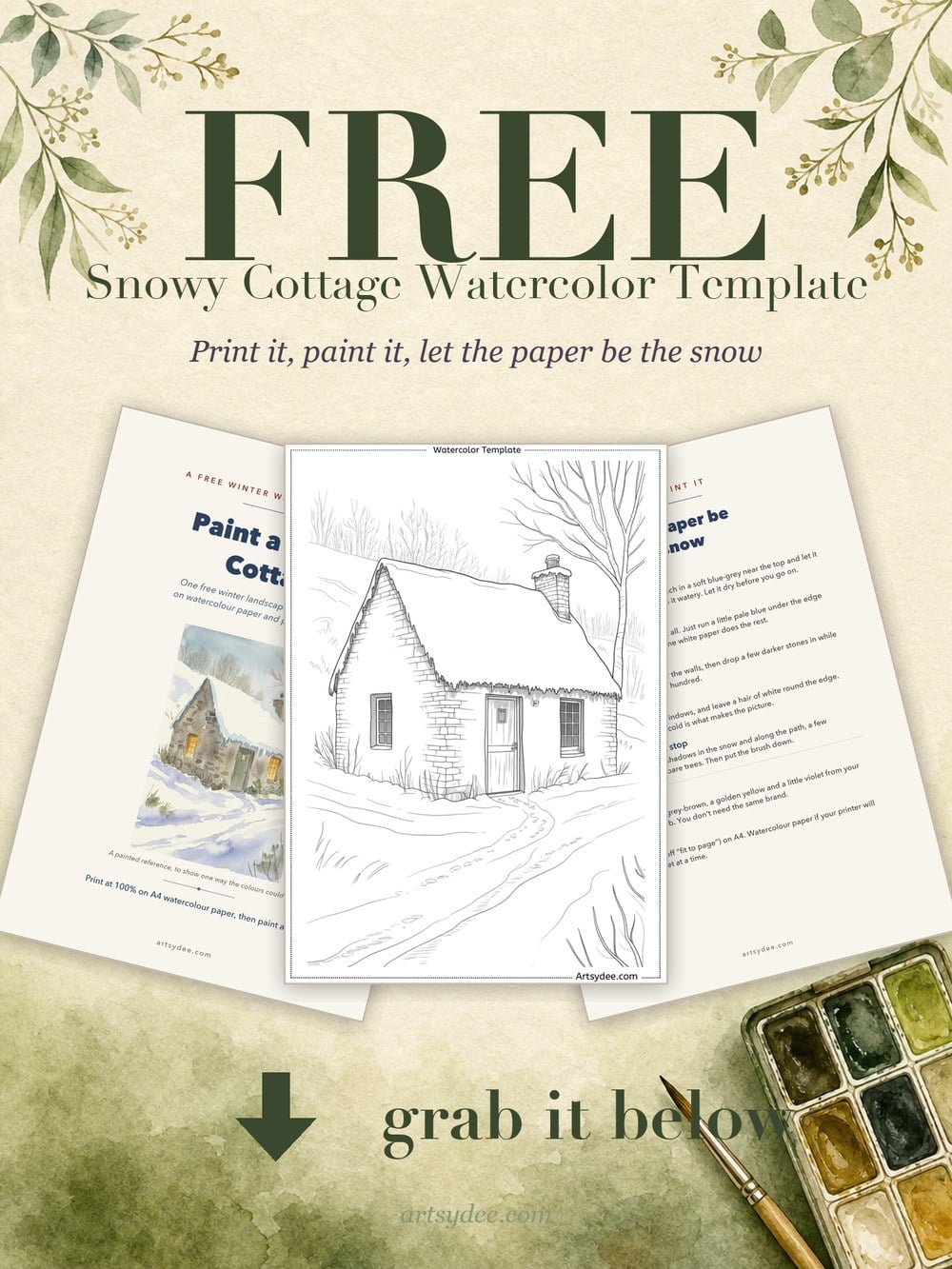 Free snowy cottage watercolor template: the cover, the outline and the how-to-paint page