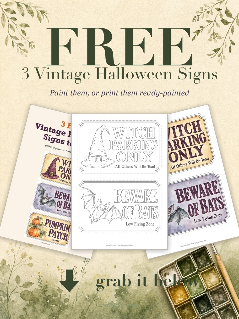 Free printable vintage Halloween signs to paint: Witch Parking Only, Beware of Bats and Pumpkin Patch