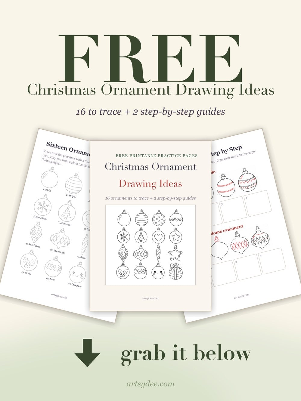 Free Christmas ornament drawing templates: the cover, the page of sixteen ornaments to trace and the step-by-step page