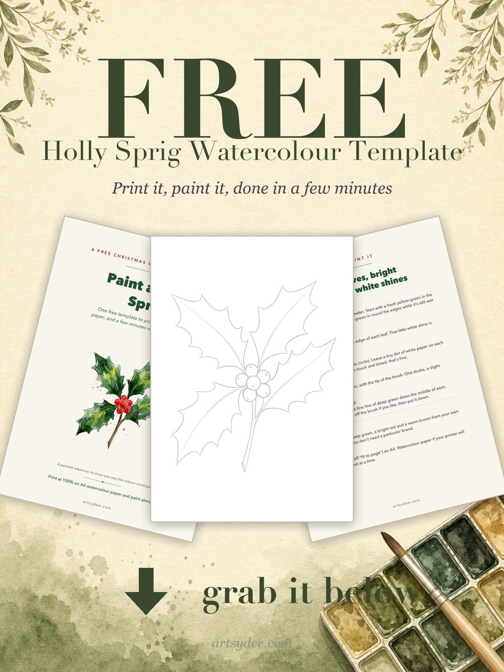 Free holly sprig watercolour template: the cover, the outline and the how-to-paint page