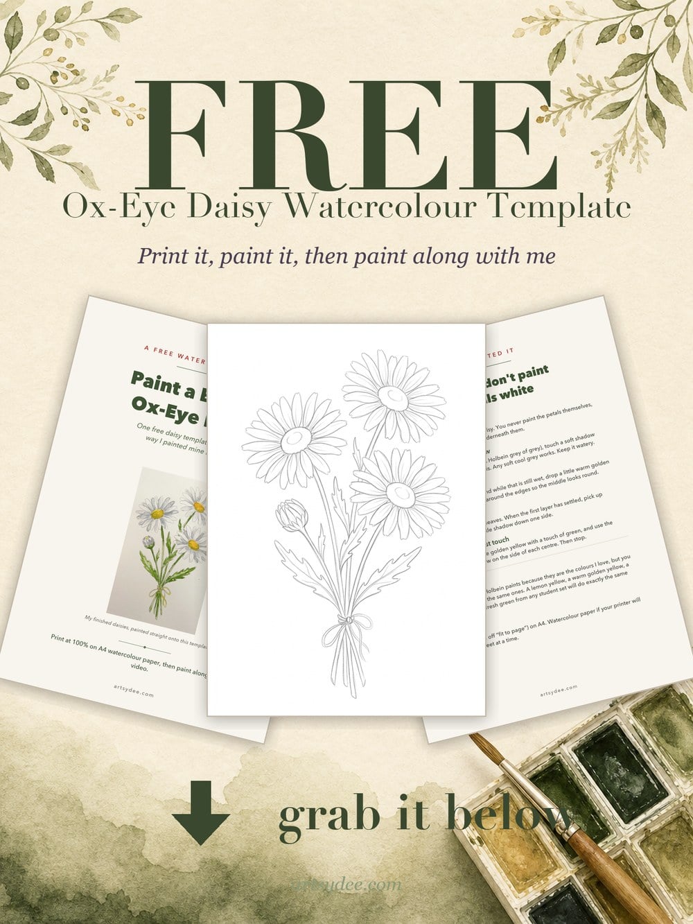 Free ox-eye daisy watercolour template: the cover, the daisy outline and the paint notes page