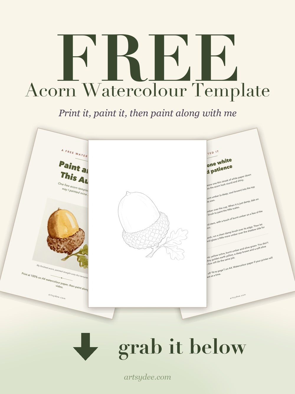 Free acorn watercolour template: the cover, the acorn outline and the paint notes page