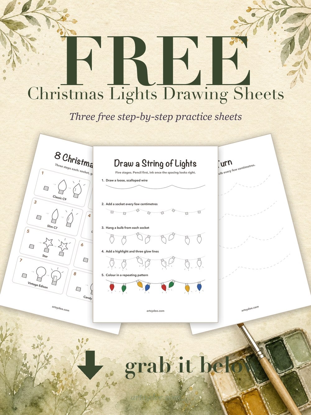 Free Christmas lights drawing practice sheets