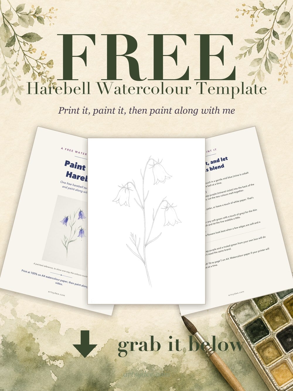 Free harebell watercolour template: the cover, the outline and the how-to-paint page