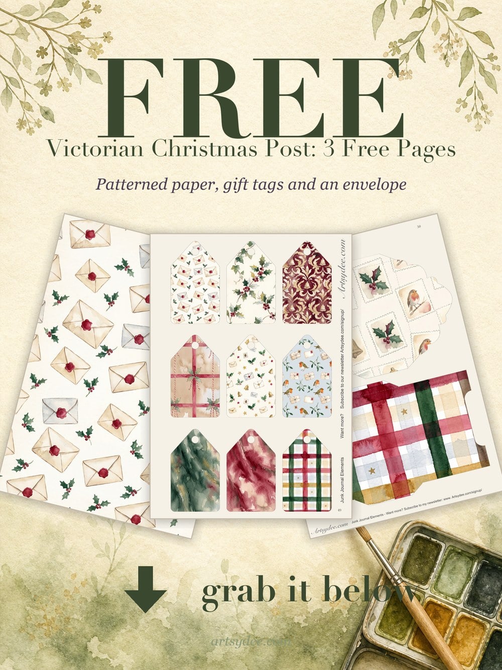 Free Victorian Christmas junk journal pages: a sealed-letters paper, nine gift tags and a fold-up envelope