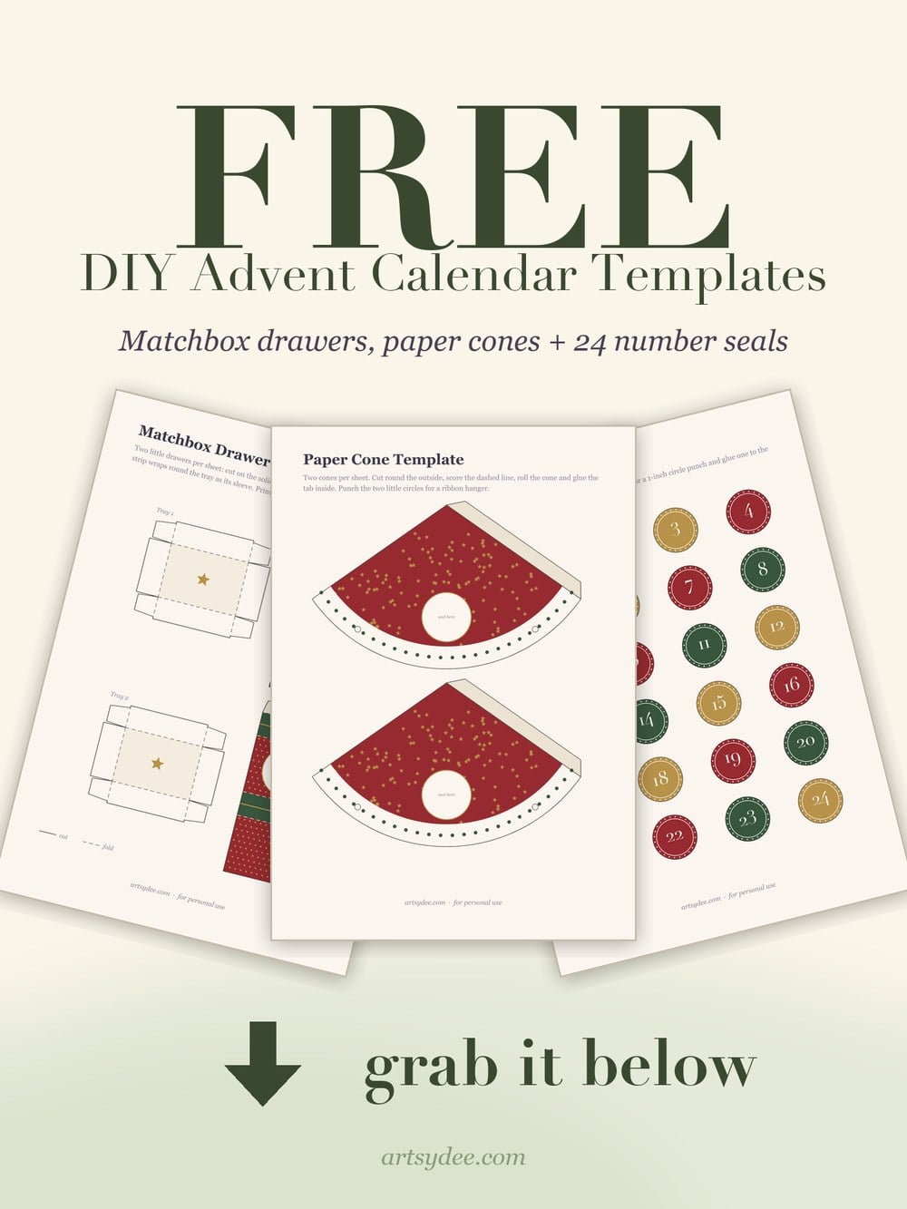 Free DIY advent calendar printables: a matchbox drawer template, a paper cone template and 24 round number seals