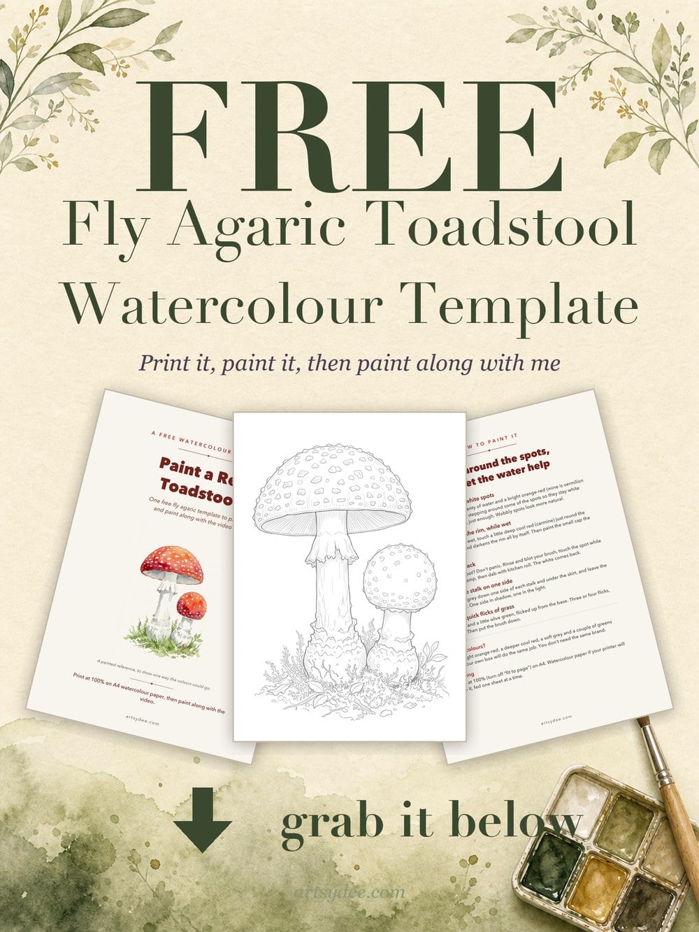 Free fly agaric toadstool watercolour template: the cover, the outline and the how-to-paint page