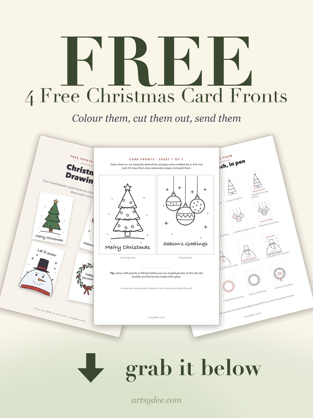 Four free printable Christmas card fronts to color: a tree, baubles, a snowman and a wreath