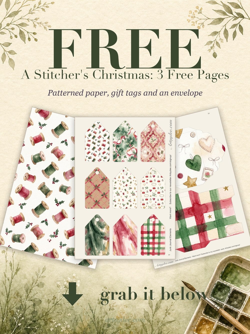 Free Christmas sewing junk journal pages: a cotton-reel paper, nine gift tags and a fold-up envelope