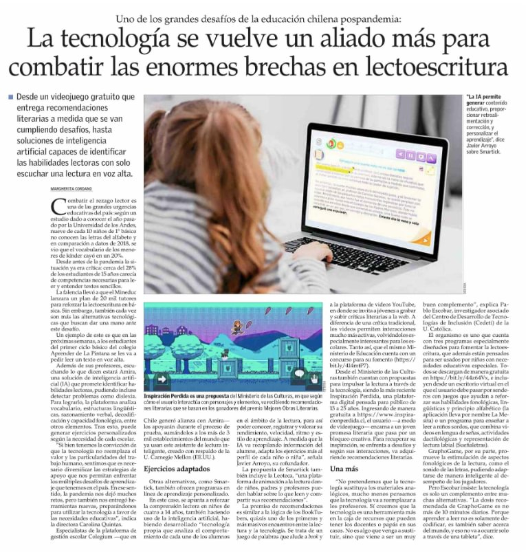 aptura de pantalla del diario virtual El Mercurio en donde aparece la fotografía de una niña de espaldas usando un computado, junto al título "La tecnología se vuelve en un aliado más para combatir las enormes brechas de le lectoescritura"