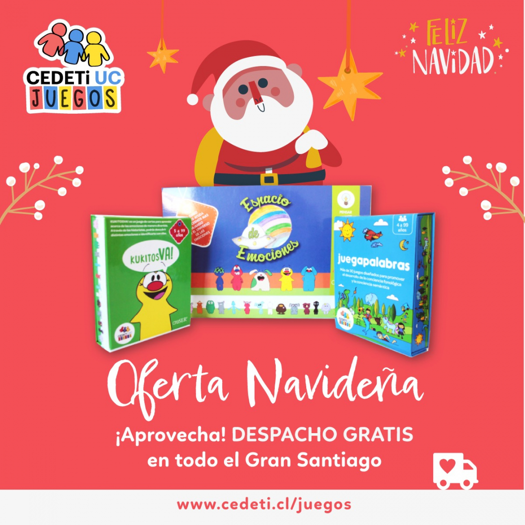 gráfica de color rojo con un viajo pascuero, el logo de CEDETi UC Juegos y las cajas de los juegos de mesa: Juegapalabras, Espacio de Emociones y  Kukitos VA! junto al texto: Oferta navideña ¡Aprovecha! DESPACHO GRATIS en todo el Gran Santiago. www.cedeti.cl/juegos