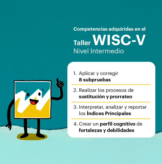 Gráfica de color azul oscuro en la parte superior, y celeste en la parte inferior. En el lado derecho, inicia un texto que señala “Competencias adquiridas en el Taller WISC-V Nivel Intermedio”. Abajo de esto, se ubica un cuadro blanco dividido en ocho partes. La primera dice, “1. Aplicar y corregir 8 subpruebas, 2. Realizar los procesos de sustitución y prorrateo, 3. Interpretar, analizar, y reportar los índices principales, 4. Crear un perfil cognitivo de fortalezas y debilidades.”. Al lado izquierdo del cuadro, sale  WISC-V como un personaje animado con rostro, brazos y piernas