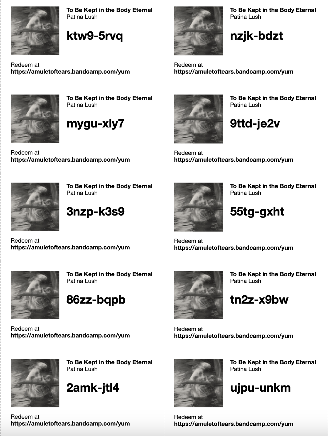 Patina Lush - To Be Kept in the Body Eternal download codes