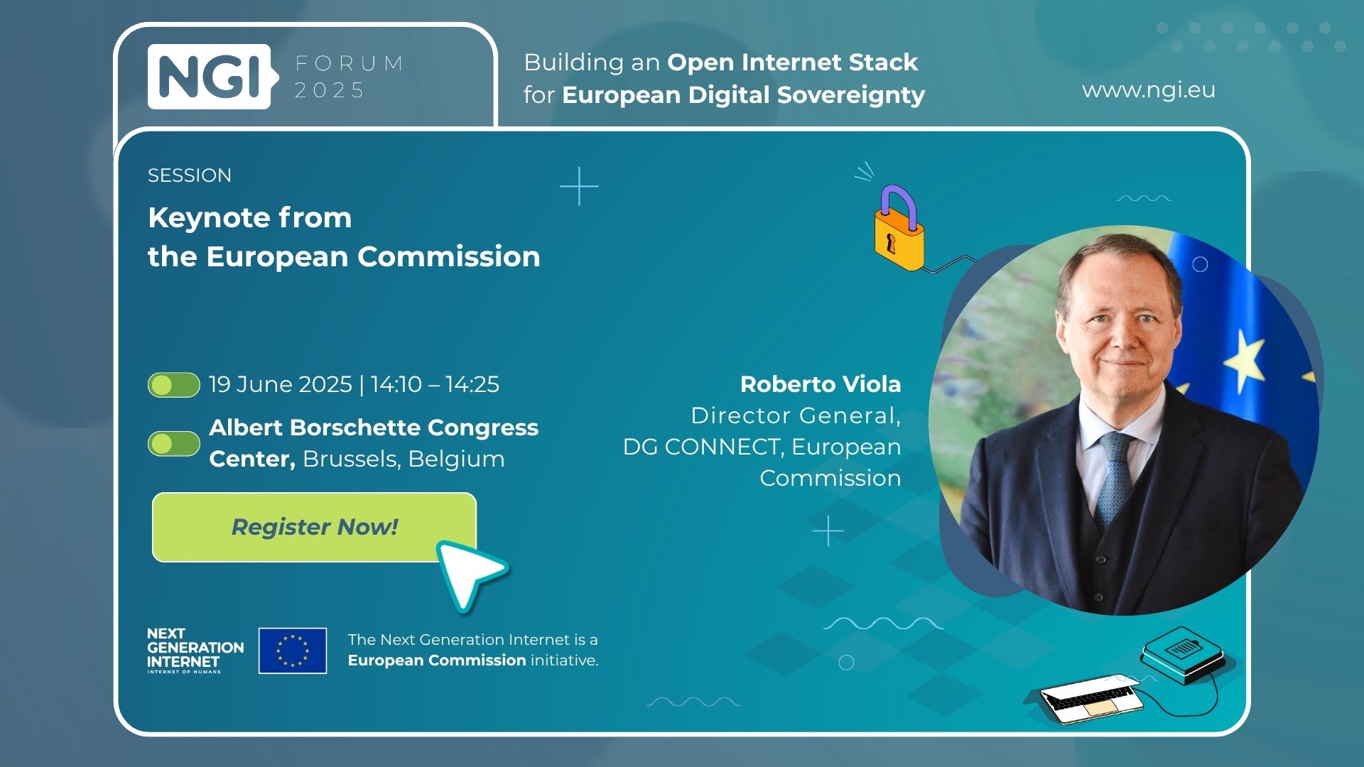 Graphic card of NGI Forum's invitation with Roberto Viola