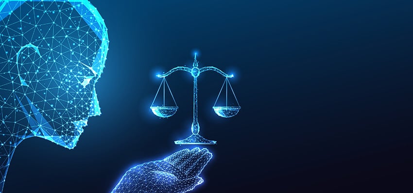 A blue background with the outline of a human face holding scales on it's hand, made to look slightly robotic