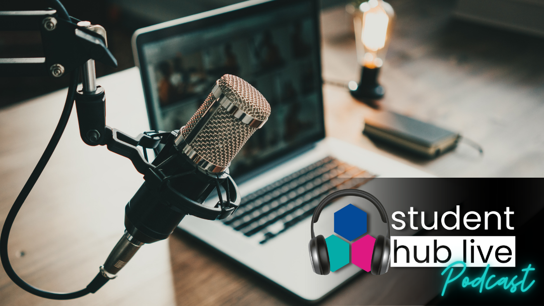 Student Hub Live logo with microphone and laptop in background