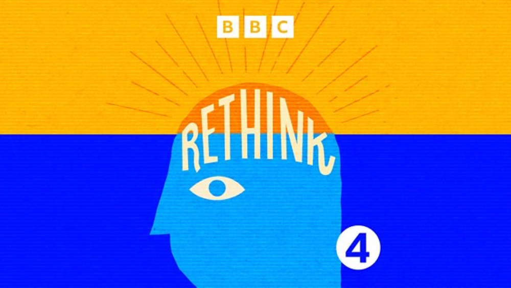 BBC Rethink logo, a cartoon face with the word RETHINK in the brain area
