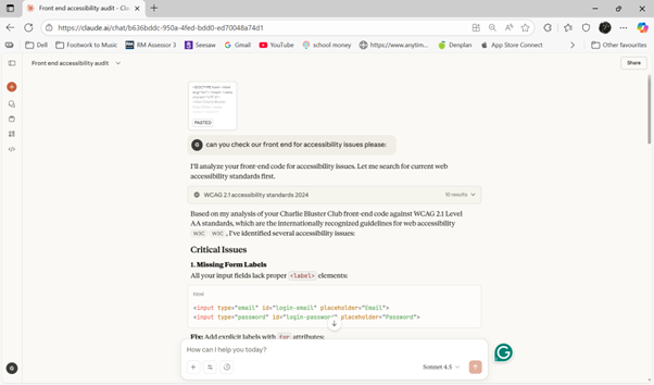Sucking diesel, Claude quickly scans our HTML for accessibility problems. Oh no, it's found tons of minor issues, but that’s ok because it’s also fixed them all in the same breath!