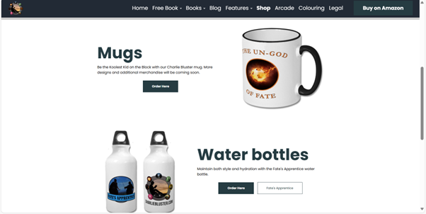 Charlie’s shop over on his website, www.CharlieBluster.com. Simple and clean looking, it should be easy to fit our code in there. (Charlie: and you can buy loads of cool Blusterverse merch, head over there and get your pressizes now!)
