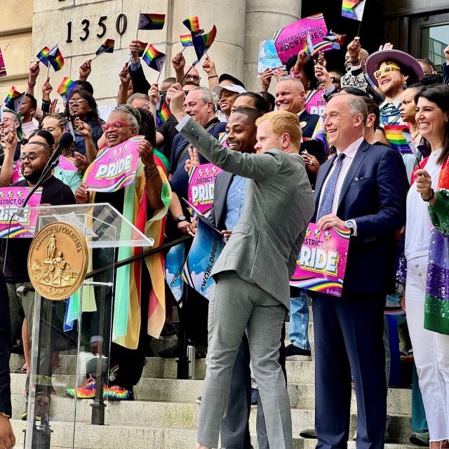 Crowd on the steps of the Wilson Building.