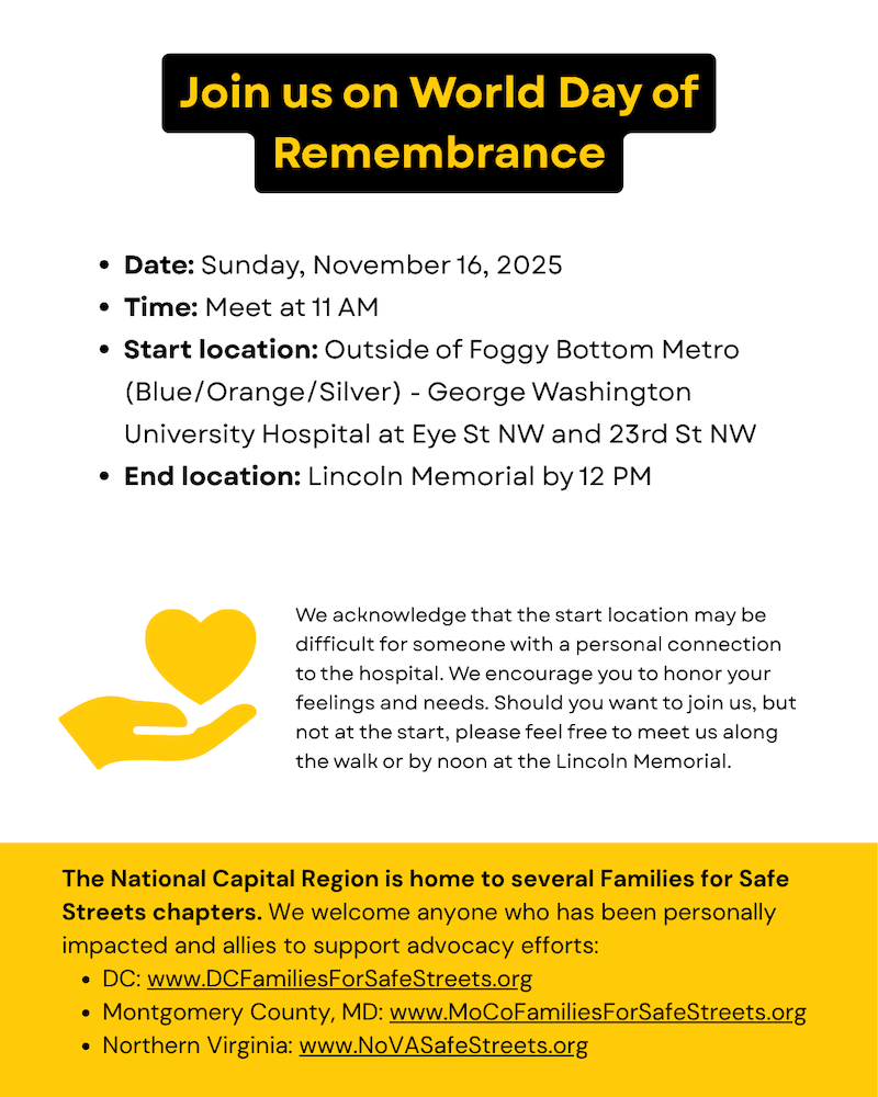 Flyer for World Day of Remembrance. Sunday, November 16, 2025. Meet at 11 am outside of Foggy Bottom Metro.
