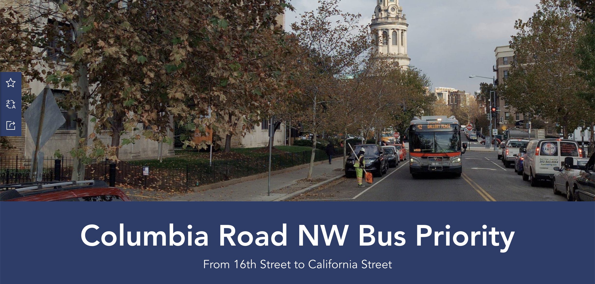 Screenshot of the project website with photo of a bus on busy, tree-lined Columbia Road with the spire of the National Baptist Memorial Church in the background.
