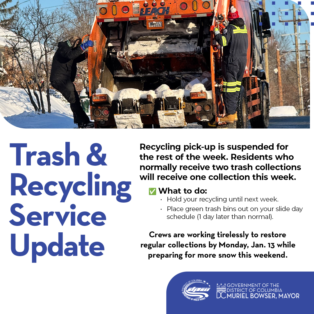 DC DPW flyer - Trash & Recycling Service Update - recycling suspended for rest of week