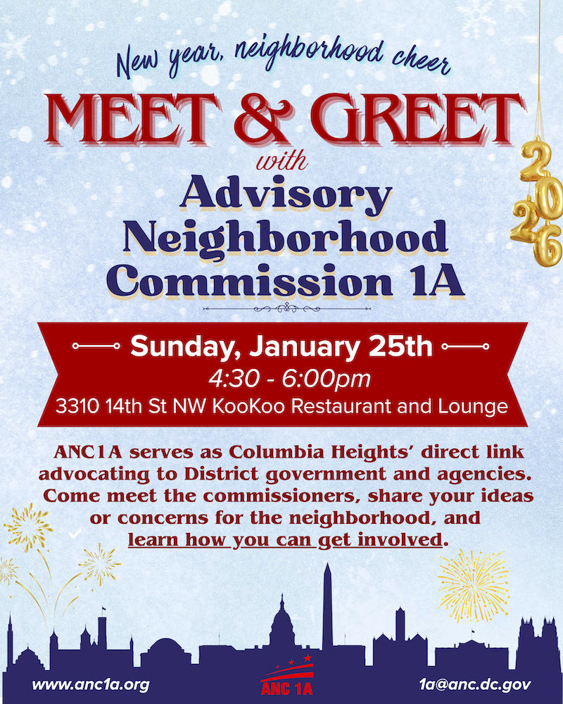 Flyer for ANC1A Columbia Heights Meet and Greet Sunday, Jan 25
