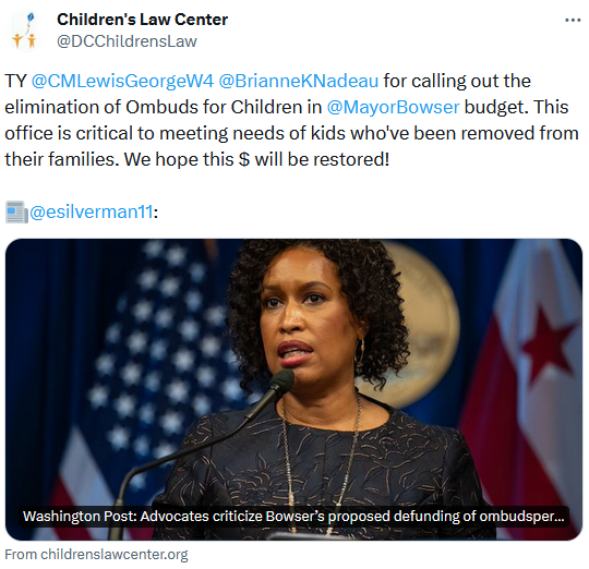 Screenshot of tweet from @DCChildrensLaw: 