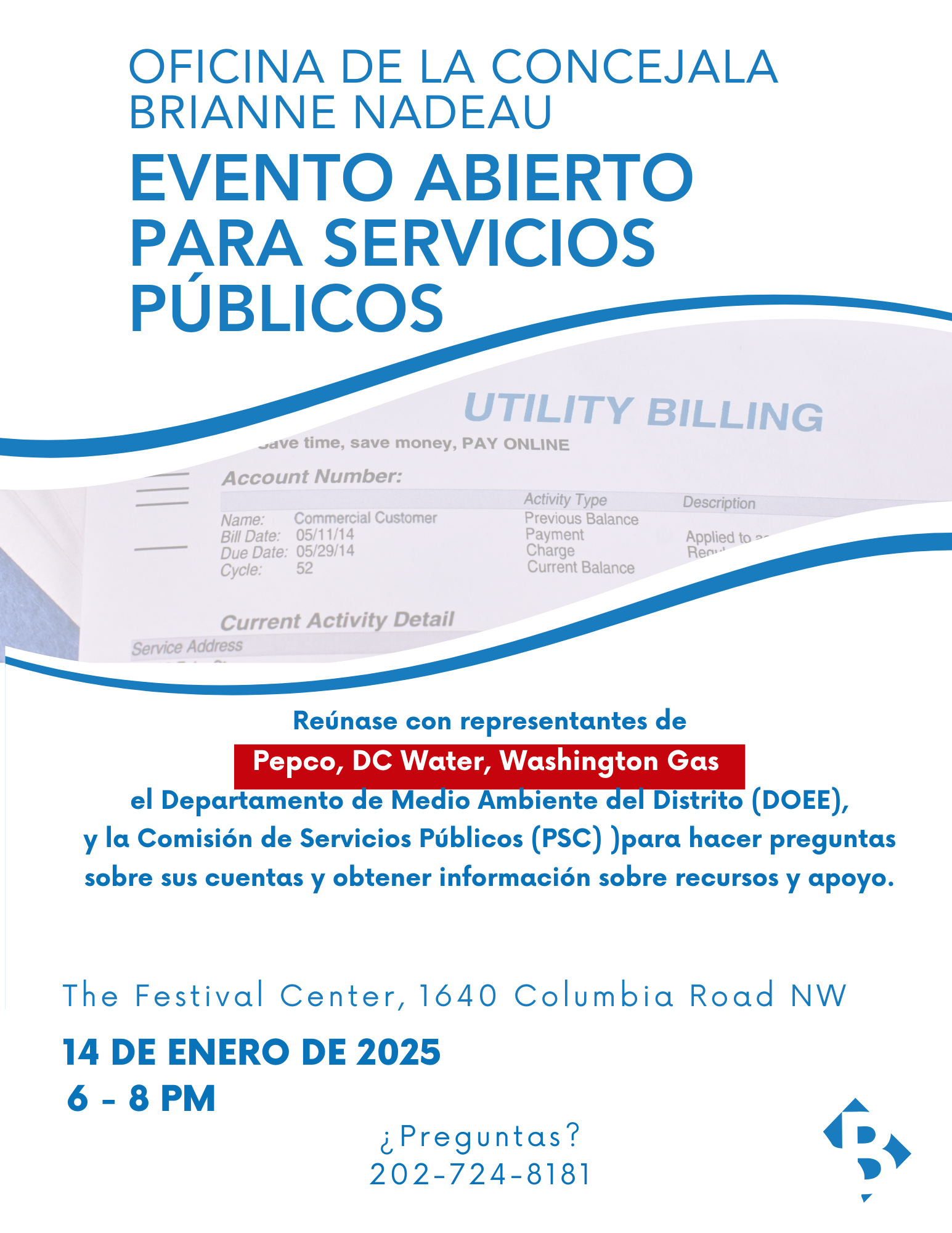 Utility drop in event flyer in Spanish. Details below.