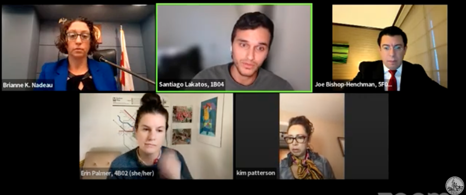 Zoom meeting screenshot shows Councilmember Nadeau and four others. Highlighted with the green border to indicate he is speaking is Santiago Lakatos, 1B04