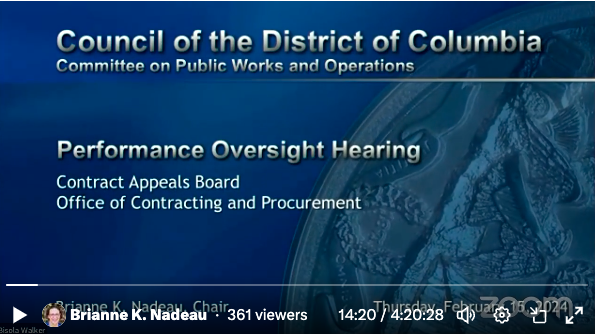 Screenshot of pre-hearing title screen reads: Council of the District of Columbia, Committee on Public Works and Operations. Performance Oversight Hearing. Contract Appeals Board, Office of Contracting and Procurement