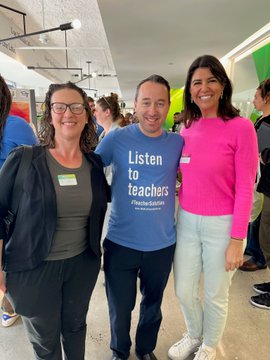 Councilmember Nadeau, Scott Goldstein of EmpowerED wearing 'Listen to Teachers' t-shirt, and Councilmember Brooke Pinto pose for a photo