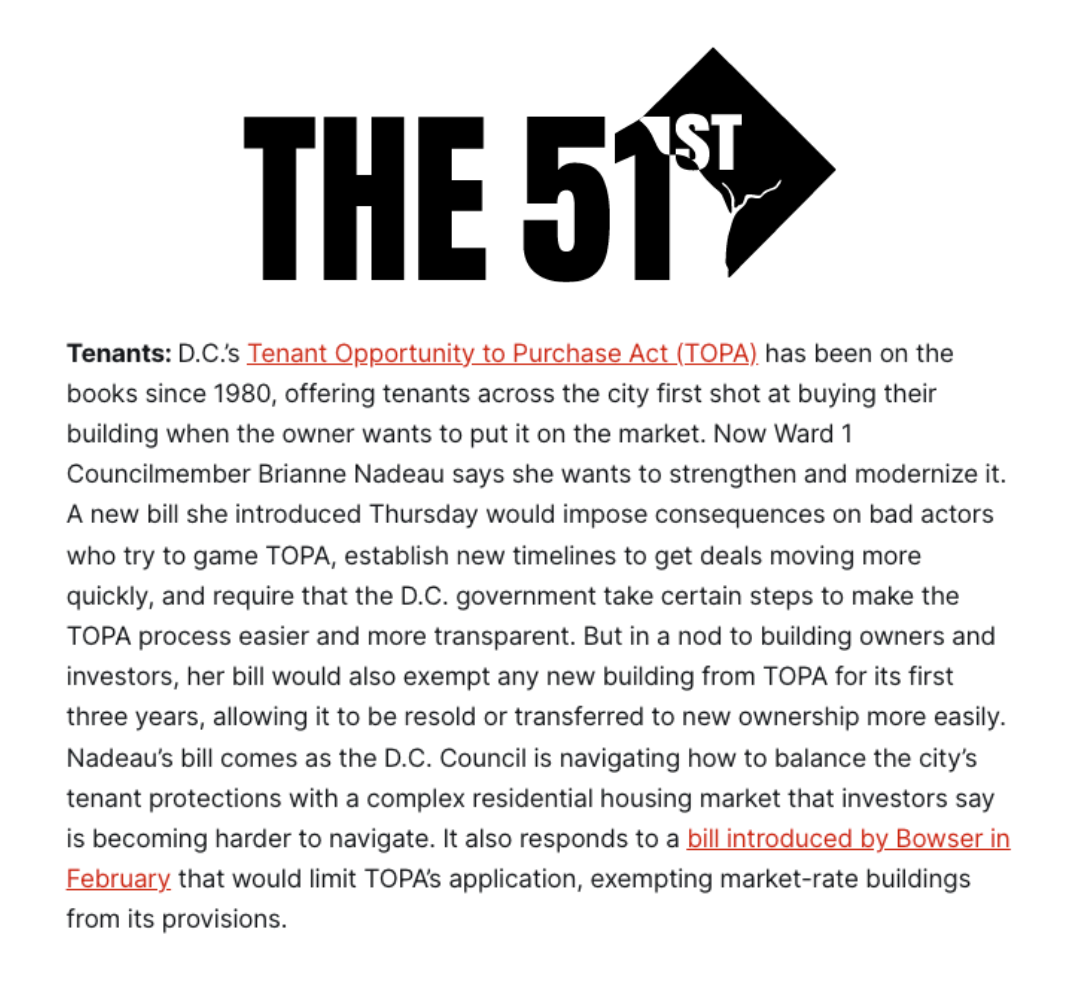 The 51st logo, followed by text from a news item, which can be read at the linked URL.  Tenants: D.C.'s Tenant Opportunity to Purchase Act (TOPA) has been on the books since 1980, offering tenants across the city first shot at buying their building when the owner wants to put it on the market...