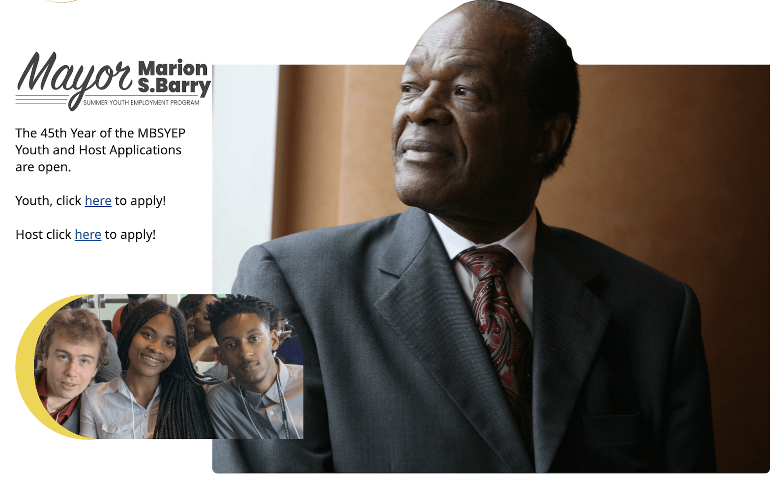 Screenshot from the program's web page. Mayor Marion S. Barry Summer Youth Employment Program. Photo of Marion Barry with inset photo showing three students, smiling.