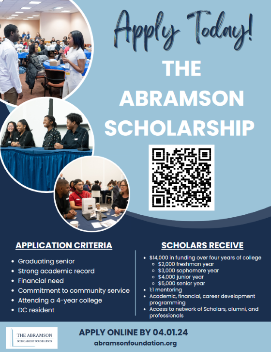 Blue flyer with QR code and photos of students speaking to one another at college fair. Displays application criteria and scholarship benefits in white text against dark blue background.