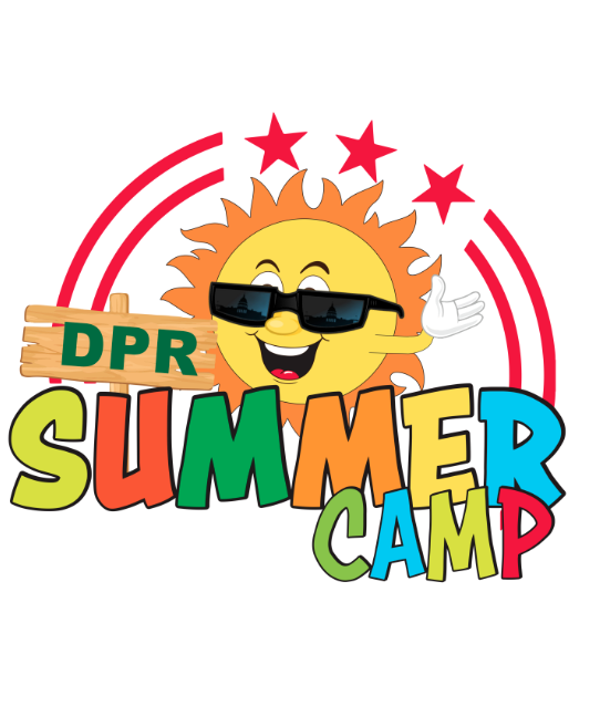 DPR Summer Camp colorful graphic shows a cartoon sun wearing sunglasses and smiling with a rainbow with two red lines and three stars, like the DC flag.