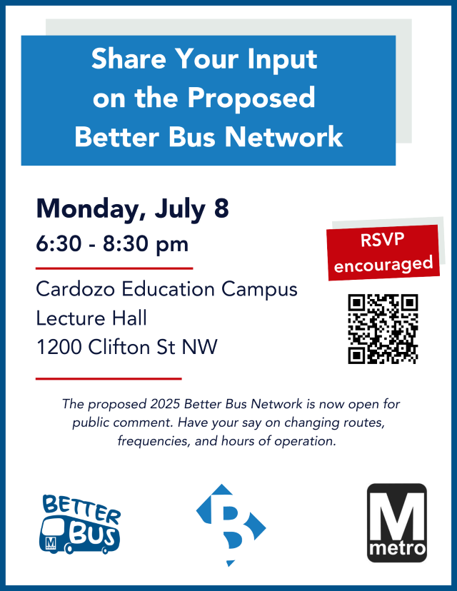 Flyer for town hall that says Monday, July 8, 6:30 - 8:30 pm, Cardozo Education Campus, Lecture Hall, 1200 Clifton Street NW