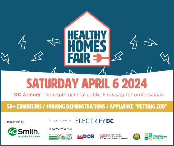 Healthy Homes Fair flyer with white lighting bolt graphics against dark blue background with illustration of home in the middle and red electrical outlet. Displays date of fair in large red letters and logos of sponsors.