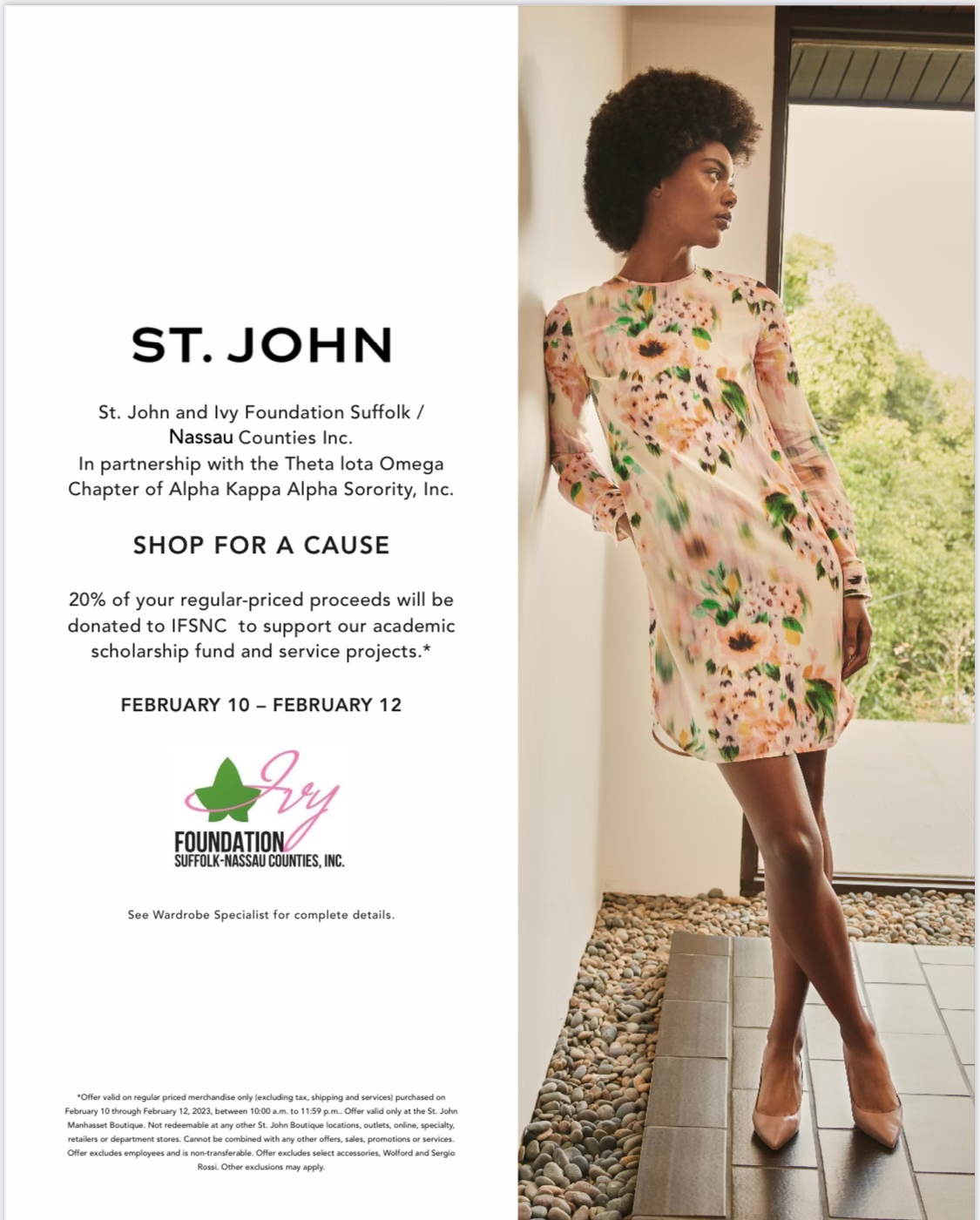 ST. JOHN woman in floral dress for Ivy Foundation Celebration