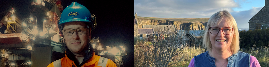 Craig Stevely wearing a hard-hat and standing in front of an oil rig, Saffron Macivor standing in front of a cottage.