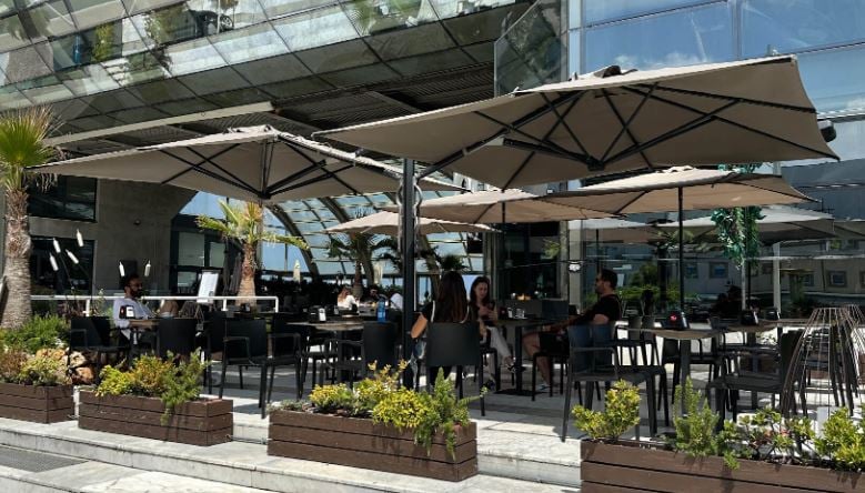 Double Canopy Umbrellas shown here in a restaurant setting.