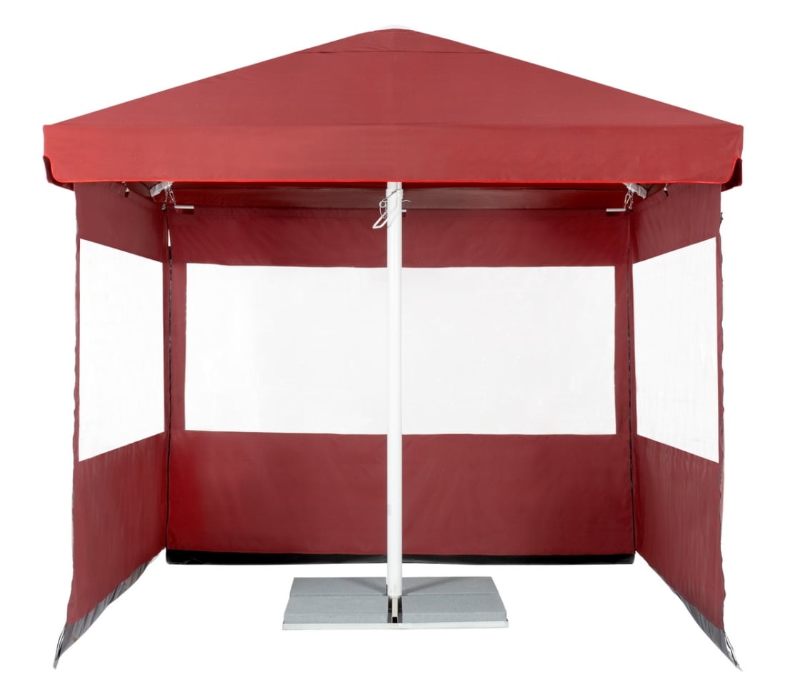 STRONG Commercial Summer Parasol shown here with optional detachable side curtains.