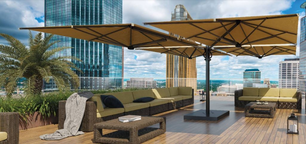 "Quattro" - commercial-grade summer parasols for residential and commercial use - one central pole with 4 separate canopies!