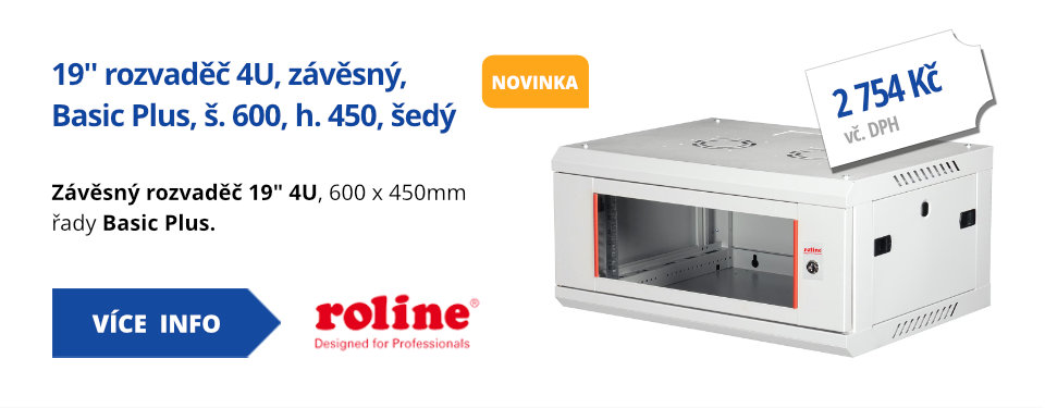 19'' rozvaděč 4U, závěsný, Basic Plus, š. 600, h. 450, šedý